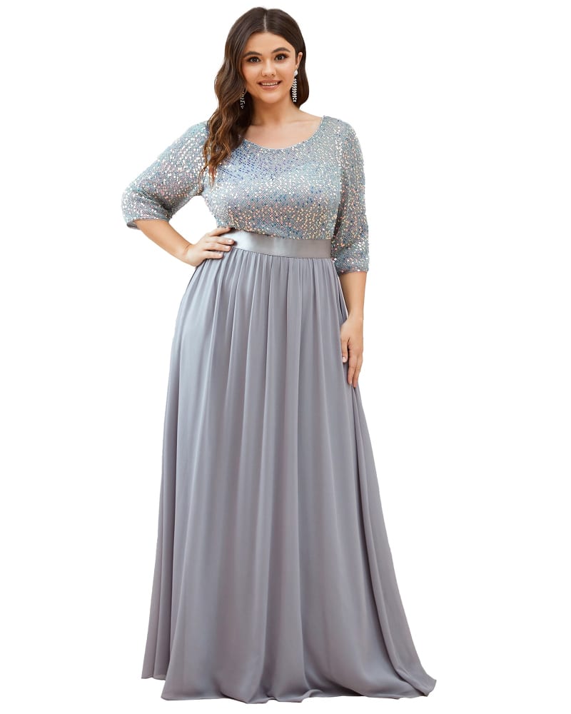 Front of a model wearing a size 18 3/4 Sleeves Round Neck Evening Dress With Sequin Bodice in Silver by Ever-Pretty. | dia_product_style_image_id:287246